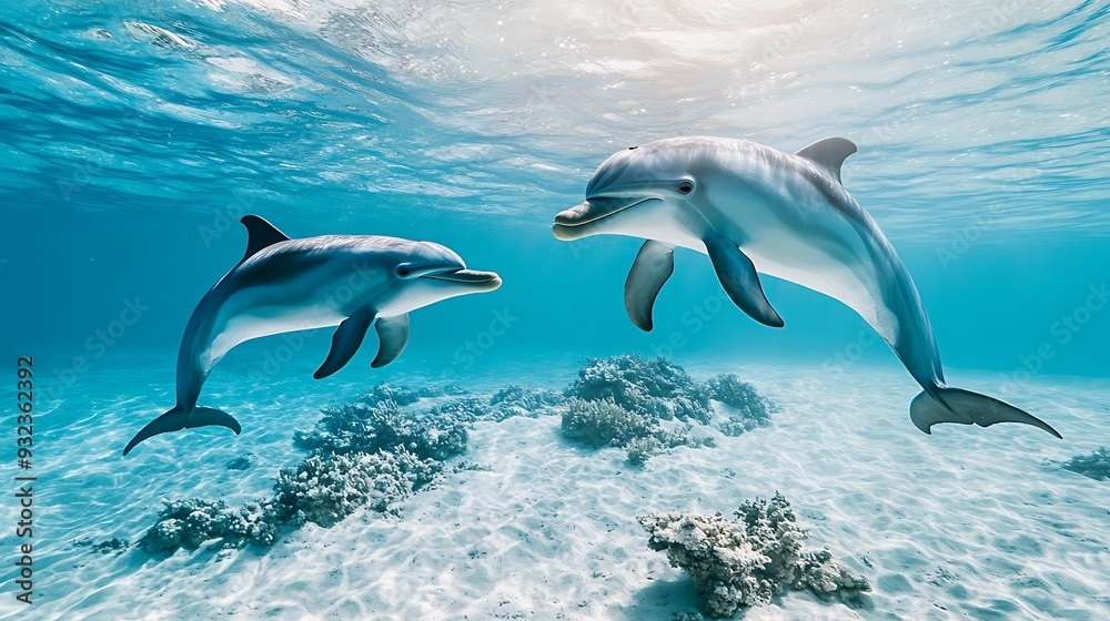 Naklejka premium Graceful Pair of Dolphins Swimming Together in Clear Blue Ocean Waters