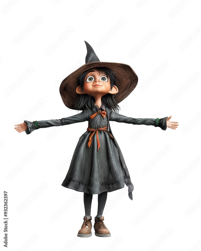 Charming animated little witch character in black dress and hat, arms outstretched, isolated on white background. Perfect for Halloween themes. Charming animated little witch character in black dress and hat, arms outstretched, isolated on white background. Perfect for Halloween themes.