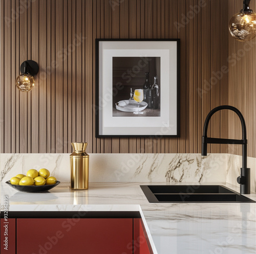  kitchen,a sleek marble emerald green counter top, gold tap, black butlers sink,wooden picture frame a few lemons on the kitchen side bowl,a plate of oysters 2 glasses of cocktail photo