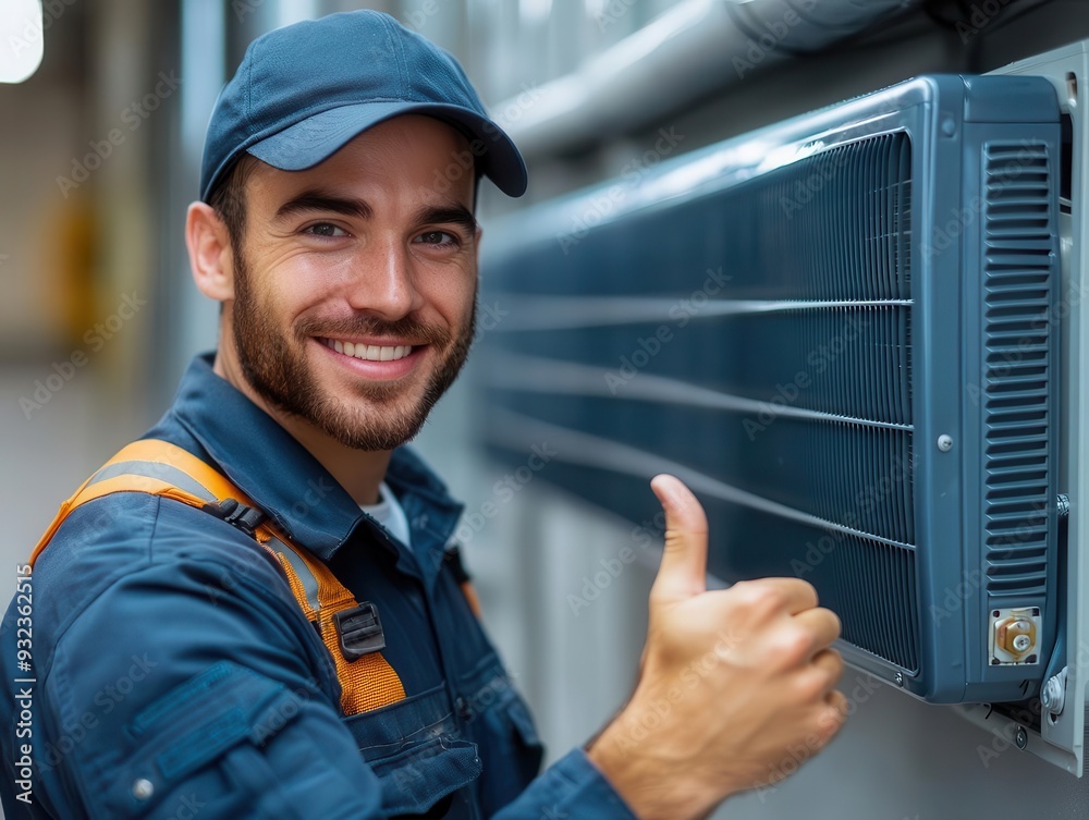 dynamic portrait of confident electrician giving thumbsup near air conditioning unit crisp uniform tools and modern hvac system convey professionalism and expertise dynamic portrait of confident electrician giving thumbsup near air conditioning unit crisp uniform tools and modern hvac system convey professionalism and expertise