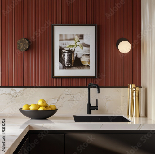  kitchen,a sleek marble emerald green counter top, gold tap, black butlers sink,wooden picture frame a few lemons on the kitchen side bowl,a plate of oysters 2 glasses of cocktail photo