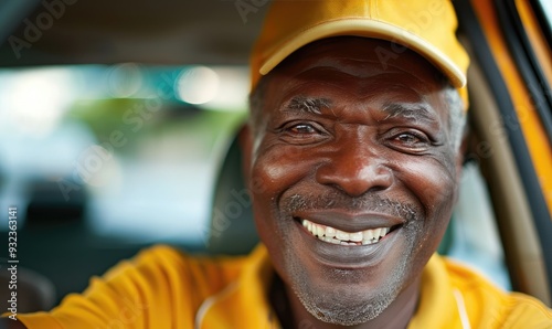 Smiling Taxi Driver in Uniform, Ready for Service