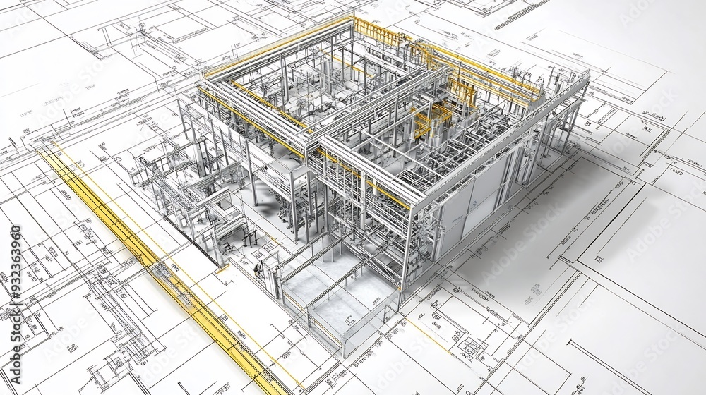 Detailed architectural blueprint for manufacturing facility design focusing on production flow safety and efficiency with clear organized annotations Detailed architectural blueprint for manufacturing facility design focusing on production flow safety and efficiency with clear organized annotations