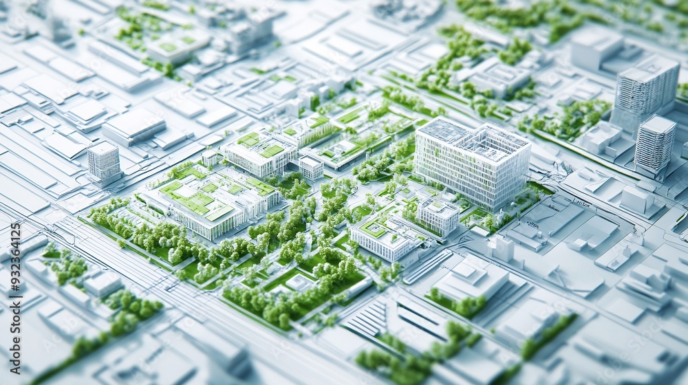 Detailed architectural blueprint for sustainable urban development focusing on green buildings public spaces and transportation networks with clear organized annotations Detailed architectural blueprint for sustainable urban development focusing on green buildings public spaces and transportation networks with clear organized annotations