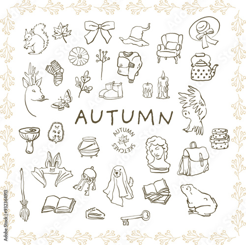 Autumn simple line sketches set