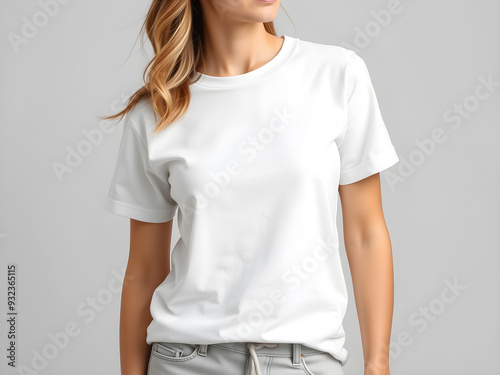 Woman wearing bella canvas white tshirt mockup on gray background Generative AI