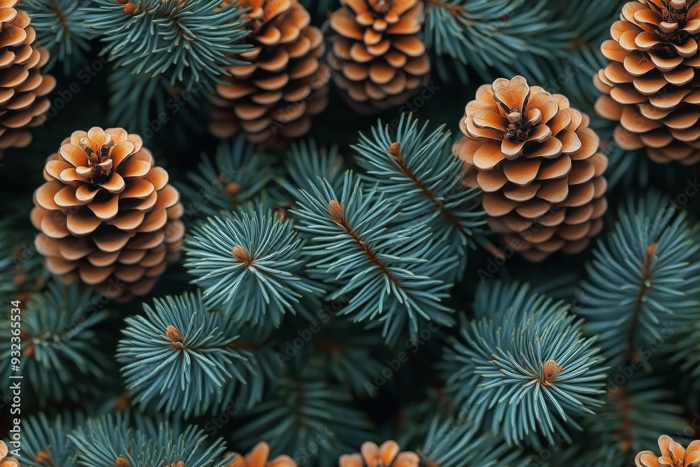 Fototapeta premium Seamless pattern of vibrant green pine branches with detailed needles and natural texture. Bright and colorful botanical background for holiday themes, winter designs, and nature-inspired projects.