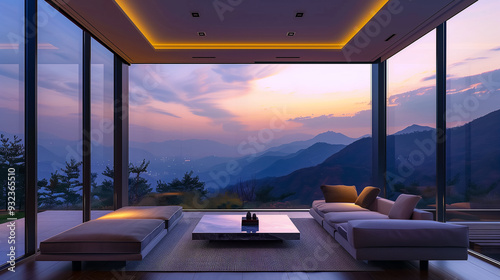 Open-plan living room with expansive glass walls, capturing the beauty of a serene sunset over rolling mountains, modern and minimalist design photo