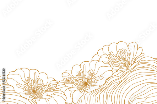 Line art floral background, gold elegant bloom flower on white with space for copy, decorative illustration for packaging, wrapping paper and banner