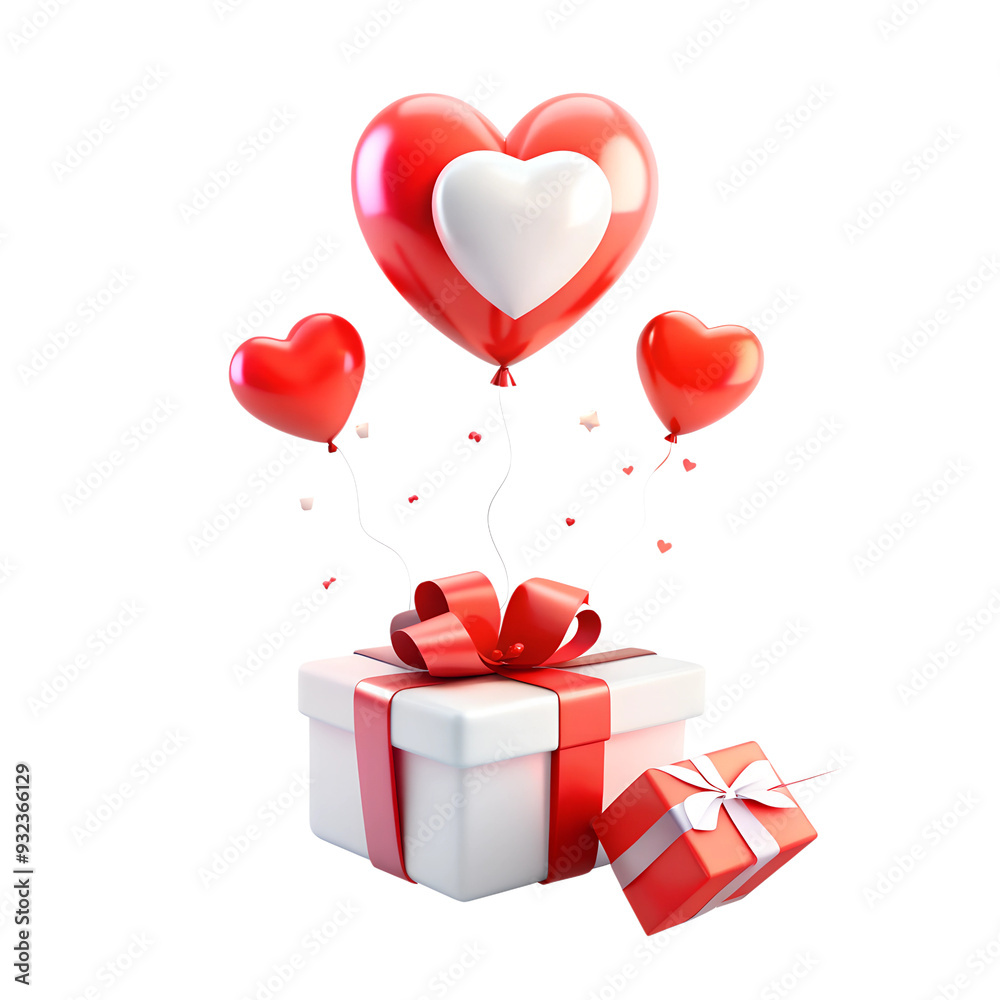 The image displays a gift box with a red ribbon and a bow, containing a red heart-shaped present. The gift is surrounded by a total of eight heart-shaped balloons that float around it. The image displays a gift box with a red ribbon and a bow, containing a red heart-shaped present. The gift is surrounded by a total of eight heart-shaped balloons that float around it.