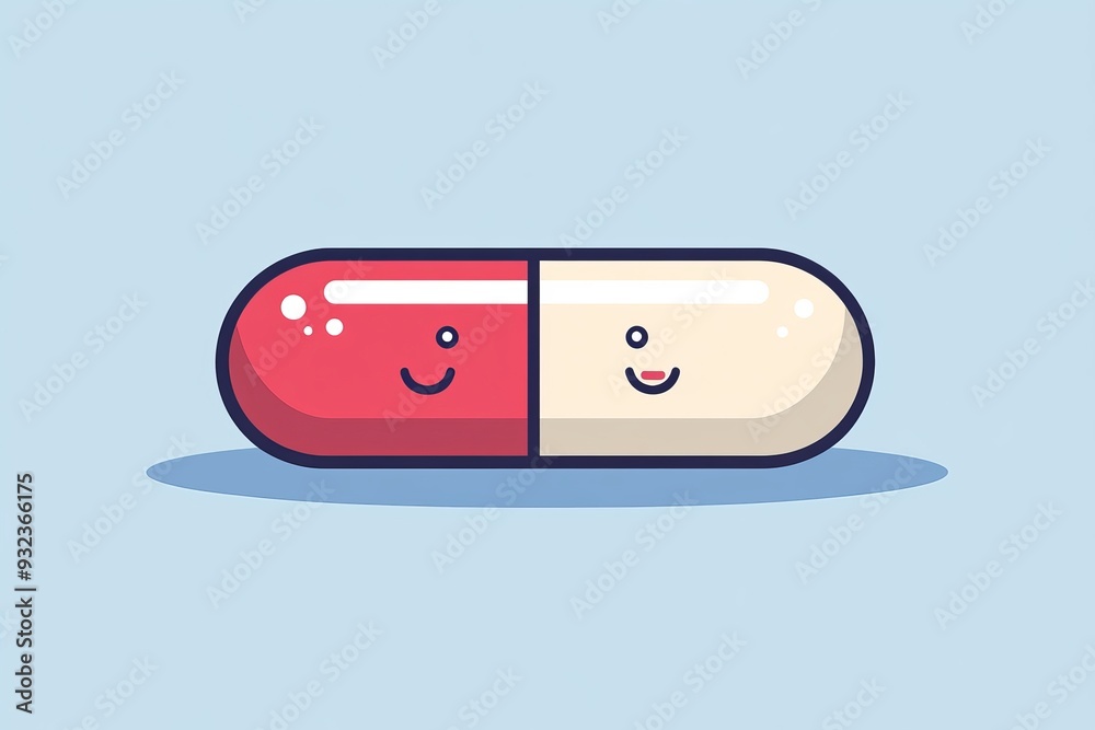 Whimsical Cartoon Capsule with a Smiling Face on a Light Background Representing the Friendly and Positive Side of Medicine Whimsical Cartoon Capsule with a Smiling Face on a Light Background Representing the Friendly and Positive Side of Medicine