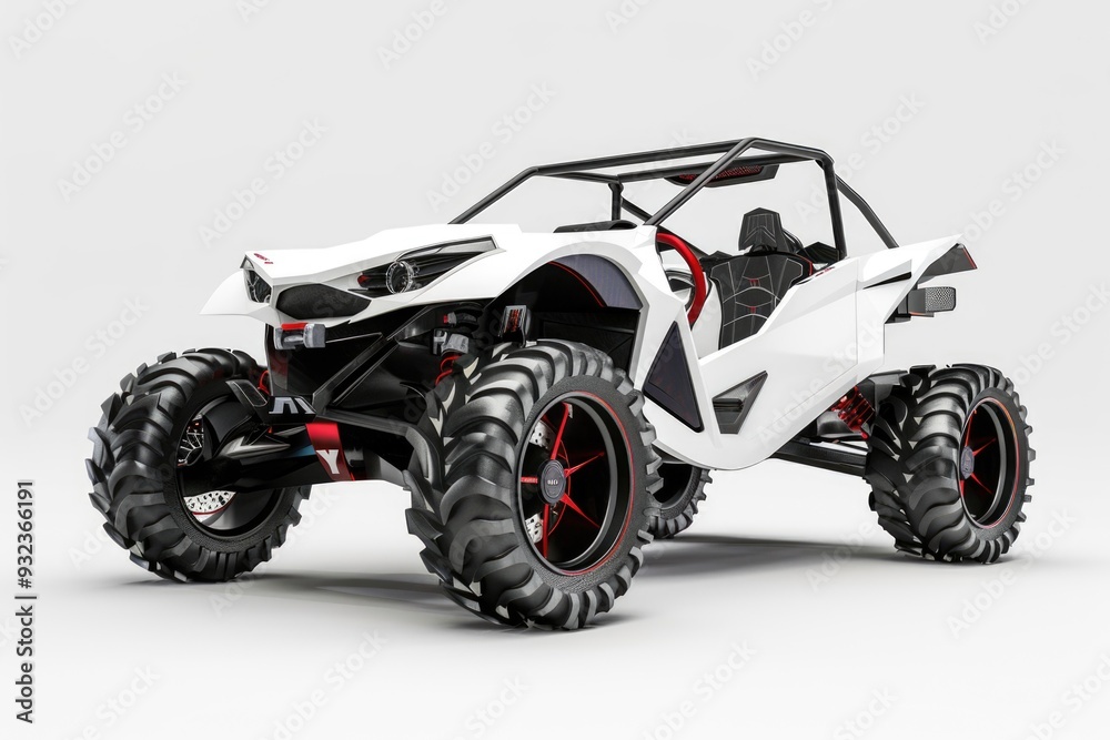 A car is parked on a white surface, featuring a white and red color scheme A car is parked on a white surface, featuring a white and red color scheme
