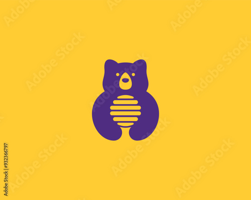 Abstract bear and hive in negative space vector logo. Creative animal honey zoo logotype.