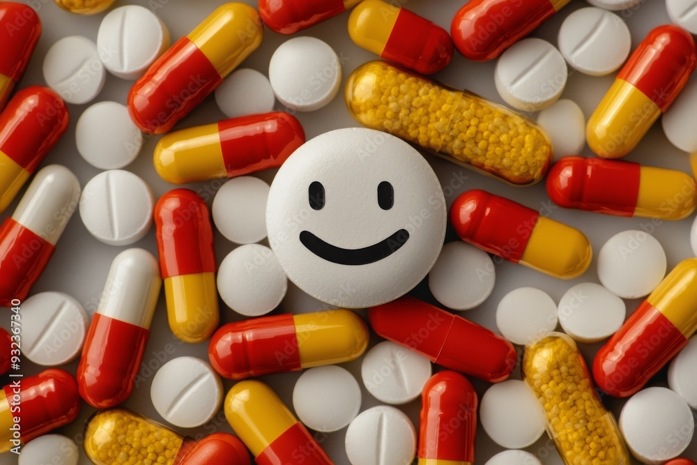 Dynamic and Colorful Array of Capsules and Pills with a Smiling Face Representing Positivity and Energy in Healthcare Dynamic and Colorful Array of Capsules and Pills with a Smiling Face Representing Positivity and Energy in Healthcare