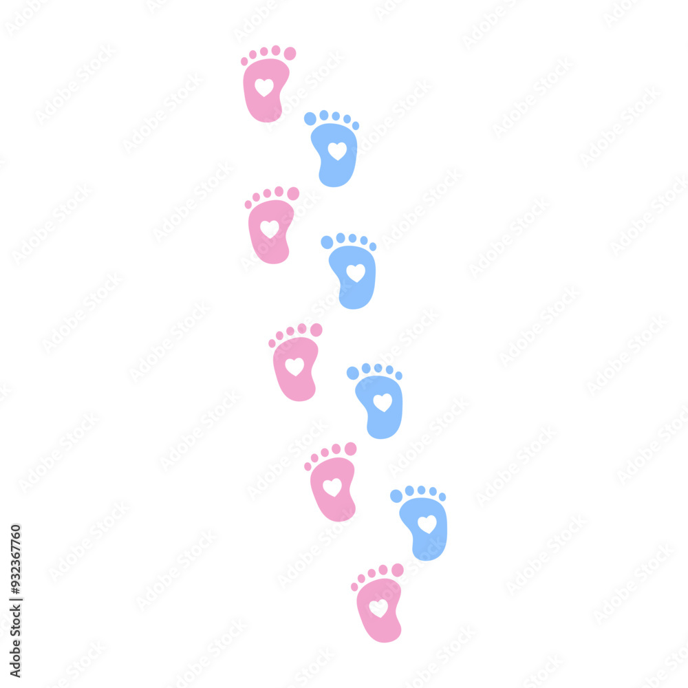 Newborn baby boy and girl footprints mark with heart shape. Pink and blue child footstep walking trail silhouette. Flat decorative vector design isolated illustration. Newborn baby boy and girl footprints mark with heart shape. Pink and blue child footstep walking trail silhouette. Flat decorative vector design isolated illustration.