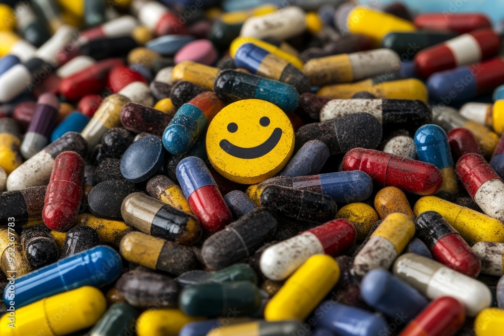 Dynamic and Colorful Array of Capsules and Pills with a Smiling Face Representing Diversity and Energy in Healthcare Dynamic and Colorful Array of Capsules and Pills with a Smiling Face Representing Diversity and Energy in Healthcare