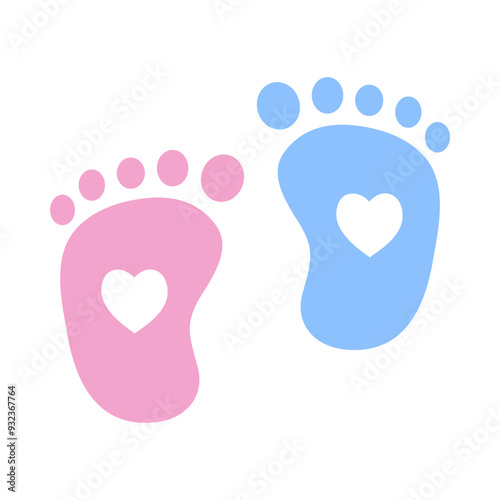 Newborn baby boy and girl footprint with heart shape. Childhood, birthday celebration, footsteps concepts. Flat vector design isolated illustration.