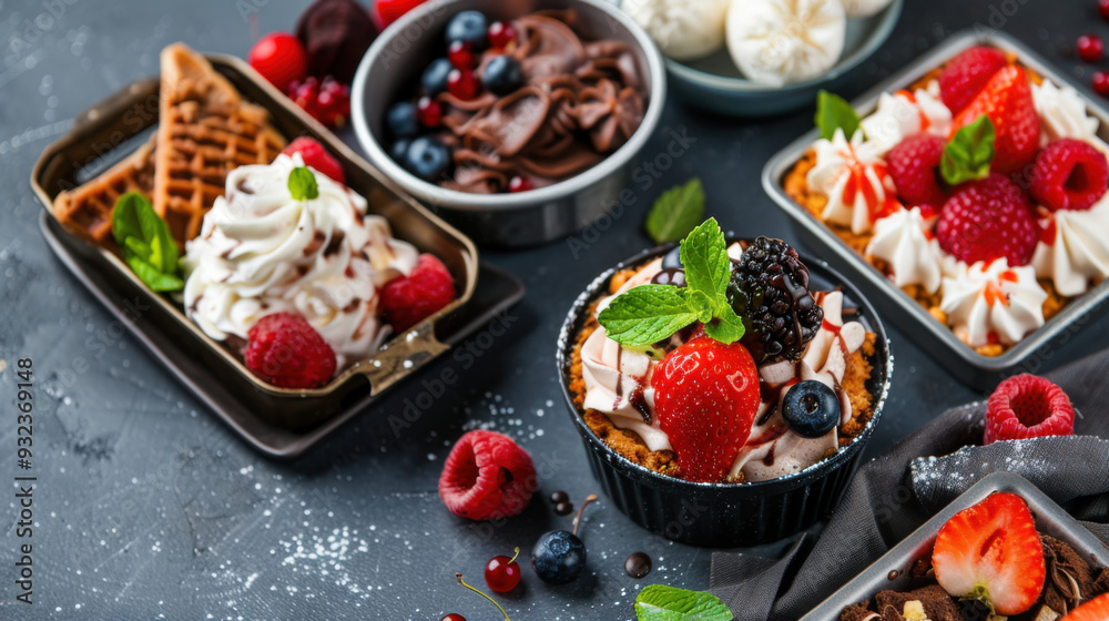 Top view of assorted desserts with fresh berries and whipped cream, arranged on a dark textured background for a tempting presentation. Top view of assorted desserts with fresh berries and whipped cream, arranged on a dark textured background for a tempting presentation.