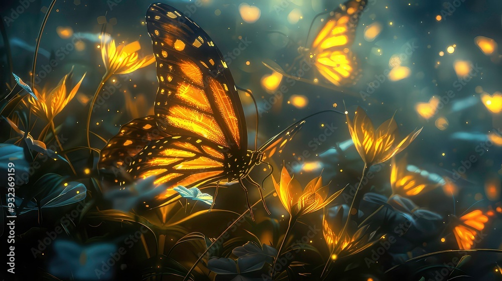 Fototapeta premium A golden butterfly with its wings spread wide, rests among flowers in a field of glowing light.