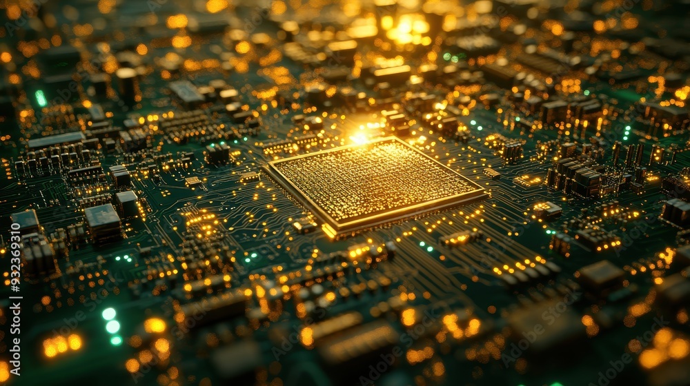 Golden CPU Chip on Green Circuit Board with Glowing Lights Golden CPU Chip on Green Circuit Board with Glowing Lights