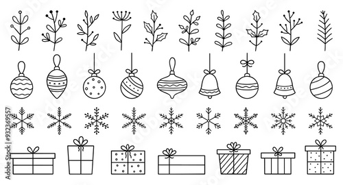 Christmas and New Year doodle icons set. Snowflakes, Christmas balls, gift box, winter branches in sketch style. Hand drawn vector illustration isolated on white background