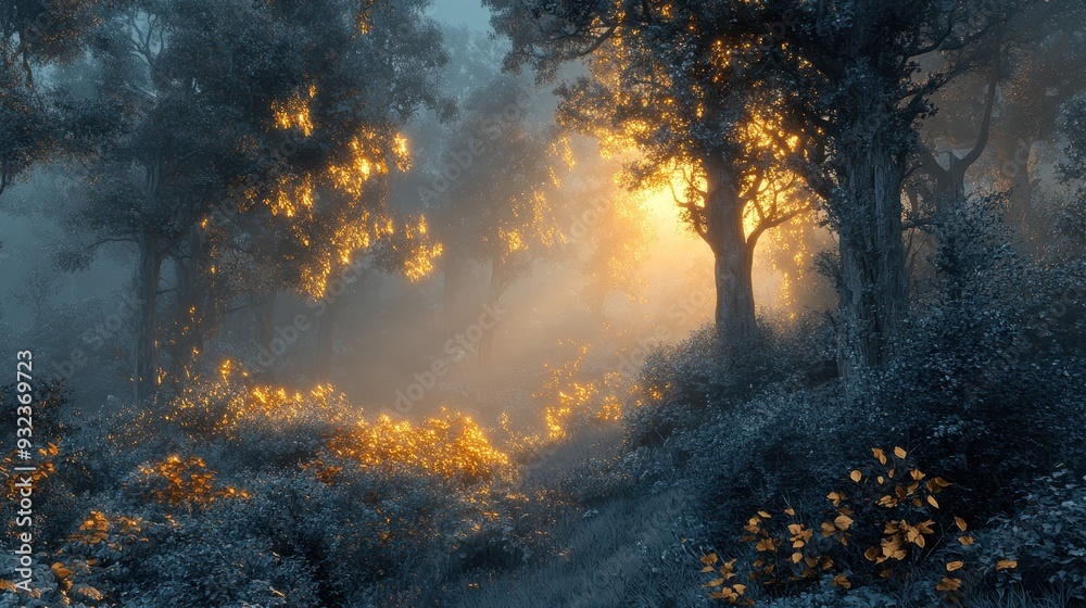 Magical Forest Scene with Glowing Trees and Fog Magical Forest Scene with Glowing Trees and Fog