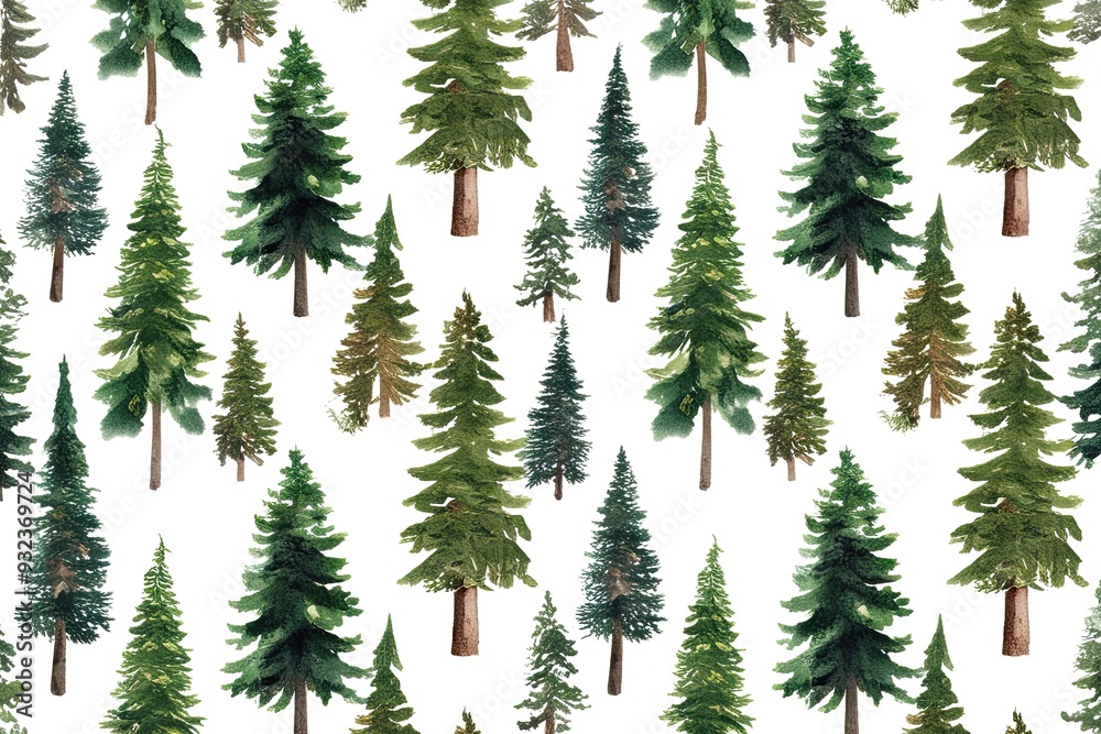 Obraz premium Watercolor Seamless Pattern of Pine Trees and Spruces on White Background
