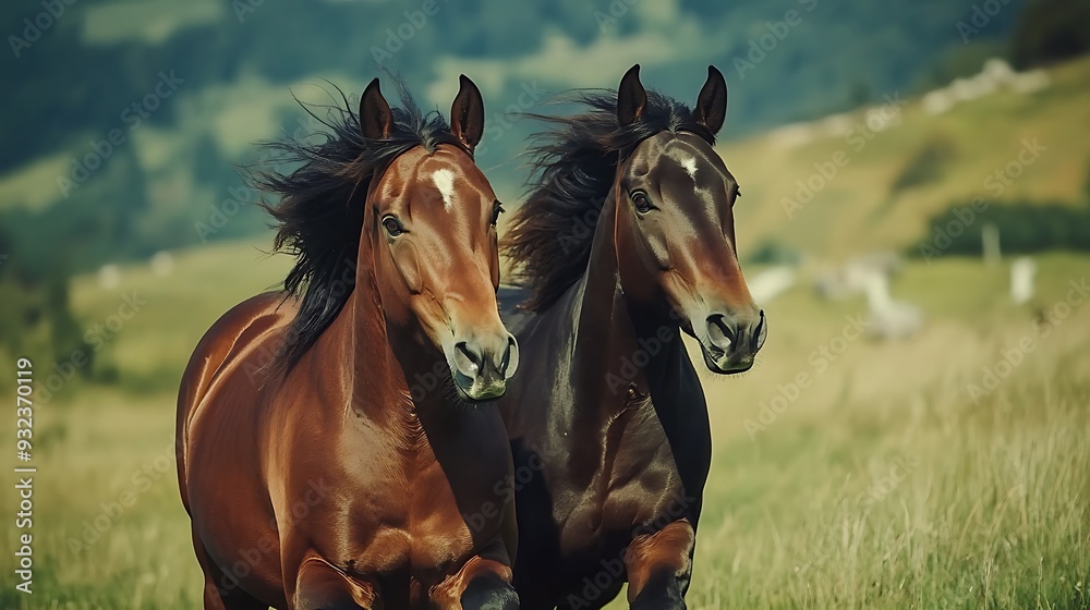 Two Majestic Horses Running Freely Across a Sunlit Meadow at Sunset Two Majestic Horses Running Freely Across a Sunlit Meadow at Sunset