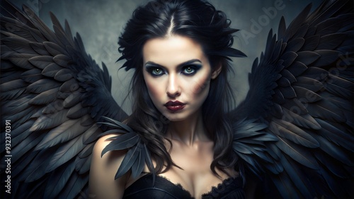 woman with black wings and halloween makeup