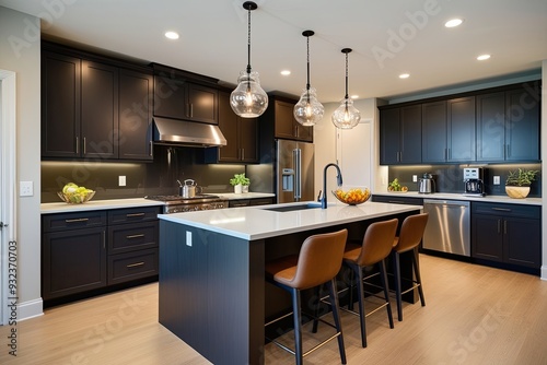 Spacious Modern Kitchen Featuring a Stylish Bar Counter and Ample Cabinets