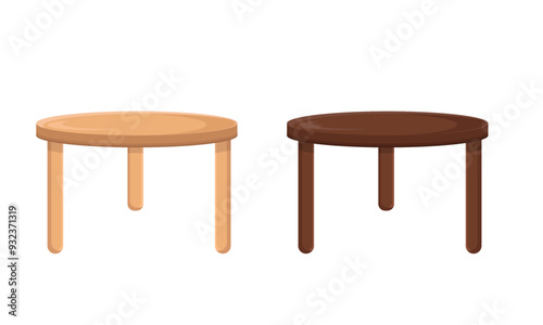 Set of wooden brown table round desk isolated on white background. Coffee table modern trendy vector illustration