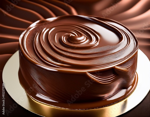 he glossy, rich surface of a ganache-covered cake, reflecting light in smooth waves photo