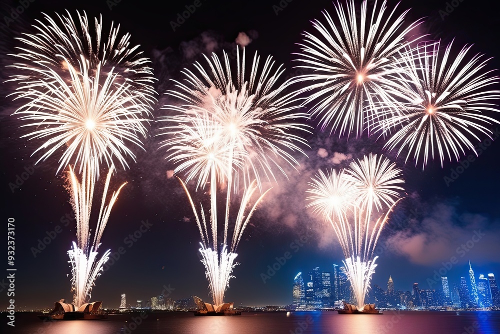 Breathtaking White and Silver Fireworks for a Magical New Year Celebration in the Midnight Sky Breathtaking White and Silver Fireworks for a Magical New Year Celebration in the Midnight Sky