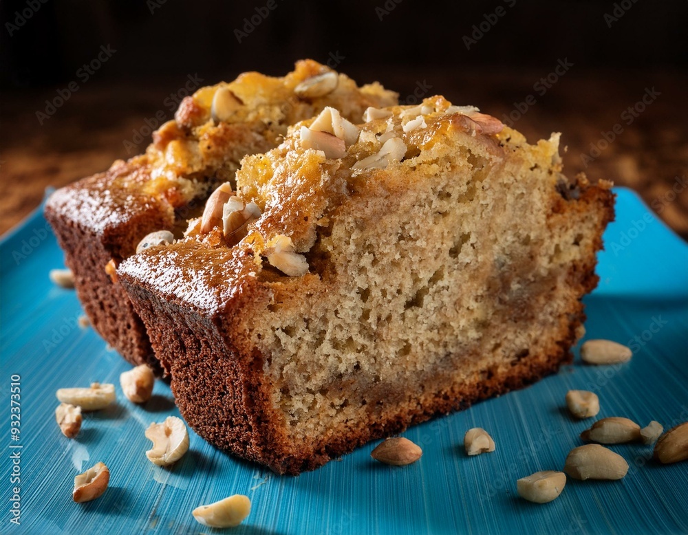 The moist, tender crumb of a freshly sliced loaf of banana bread, dotted with nuts. The moist, tender crumb of a freshly sliced loaf of banana bread, dotted with nuts.