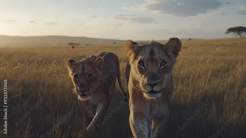 Fototapeta premium Two Majestic Lions Walking Together in the Wild, Capturing Their Natural Grace