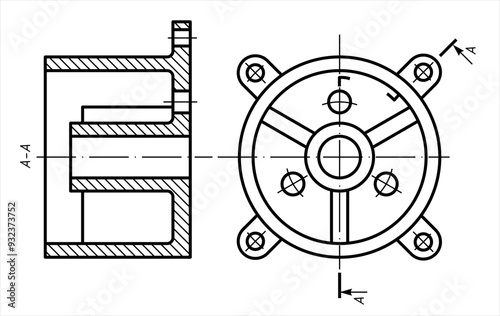 Vector drawing of steel mechanical part with through holes
and dimension lines on white sheet of paper.
Engineering cad scheme. Technical template.