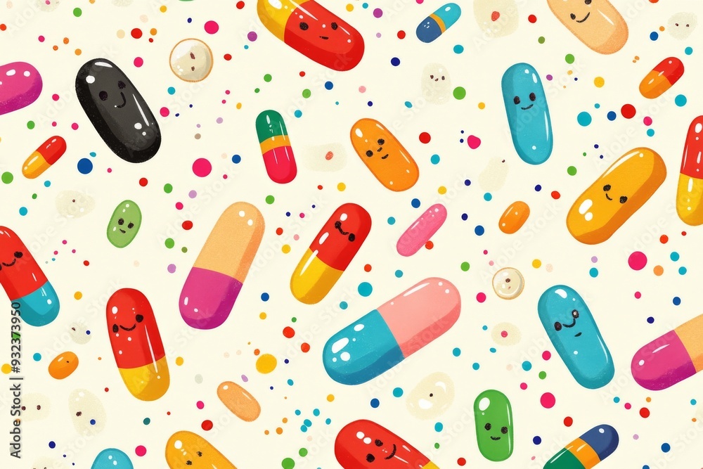 Playful pattern of colorful pills and capsules on a white background representing the diversity and richness of healthcare in a vibrant and cheerful design Playful pattern of colorful pills and capsules on a white background representing the diversity and richness of healthcare in a vibrant and cheerful design