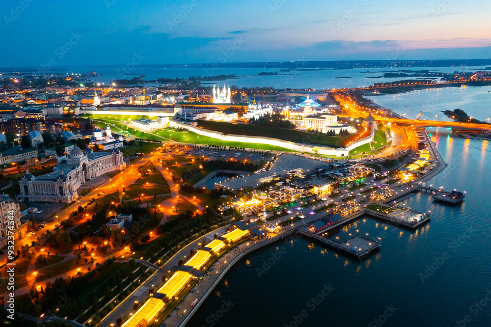 Fototapeta premium Stunning bird's eye view of Kazan Kremlin with turned on city lights.