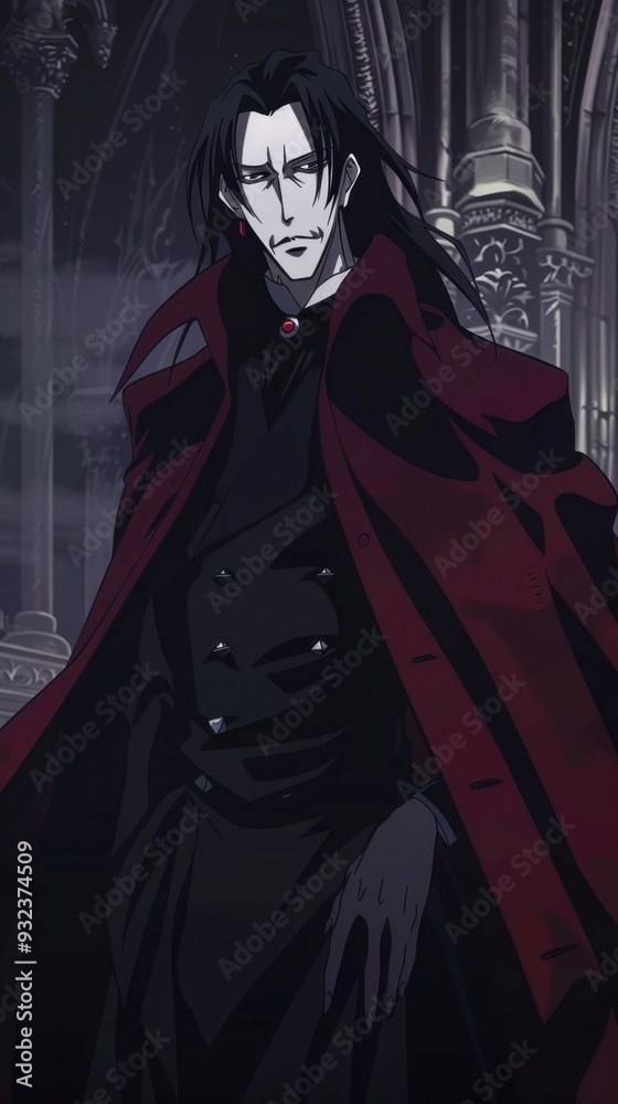 The anime man stands confidently in a dark cloak, embodying a Dracula-like figure in a shadowy, ornate castle The anime man stands confidently in a dark cloak, embodying a Dracula-like figure in a shadowy, ornate castle