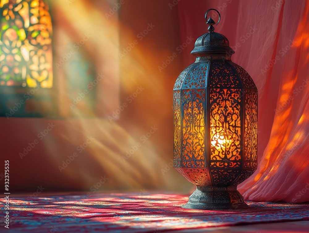 enchanting ramadan scene ornate arabic lantern emitting warm golden light intricate patterns casting shadows on rich jeweltoned background with islamic motifs enchanting ramadan scene ornate arabic lantern emitting warm golden light intricate patterns casting shadows on rich jeweltoned background with islamic motifs