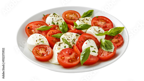 Caprese salad on a white plate, mozzarella cheese and tomatoes, side and top view, italian food bundle isolated on a transparent background