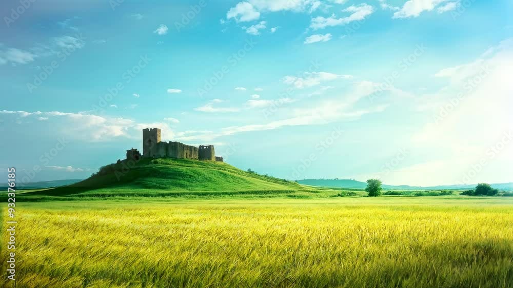 Photorealistic video of old fantasy castle behind a field, AI generated Photorealistic video of old fantasy castle behind a field, AI generated