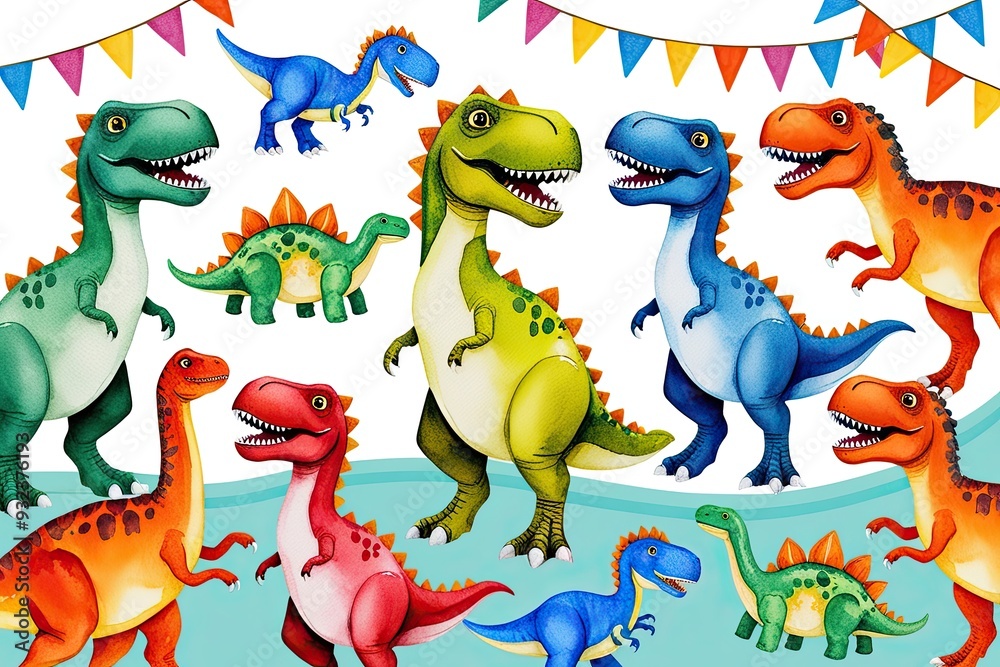 Obraz premium Cute and Colorful Watercolor Dinosaur Parade Illustration for Kids� Celebrations