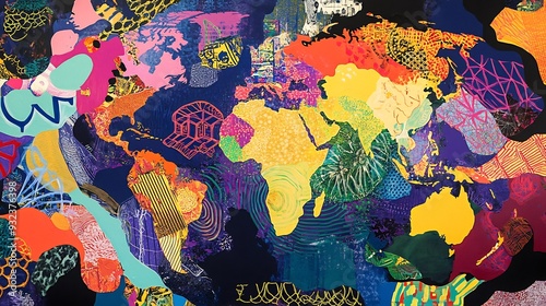 Creative art piece depicting the impact of globalization on cultural exchange highlighting international collaboration diversity and global perspectives through vibrant interconnected designs