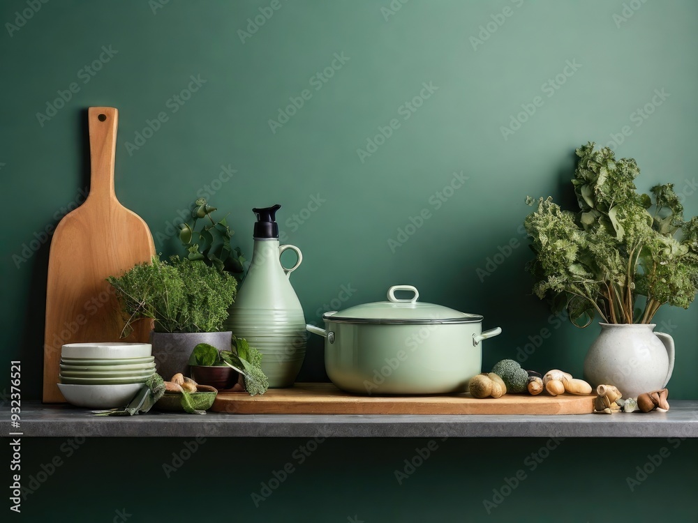 kitchen counter and accessories decor in kitchen room interior on empty green wall background kitchen counter and accessories decor in kitchen room interior on empty green wall background