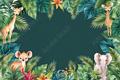 Watercolor Background Frame of Tropical African Plants and Cute Animals photo