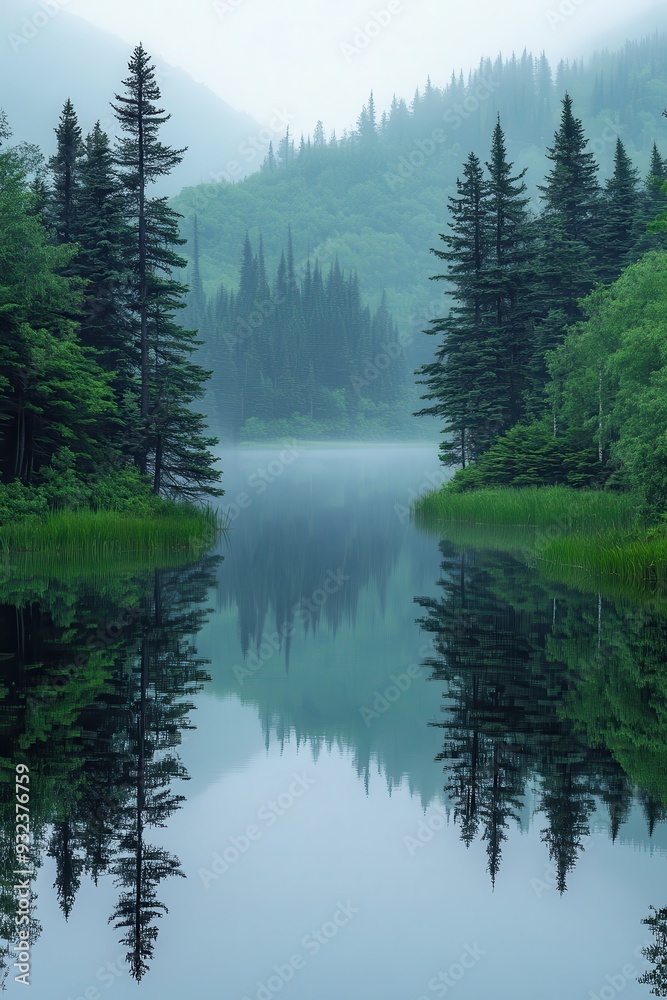Serene Misty Lake with Evergreen Reflections Serene Misty Lake with Evergreen Reflections