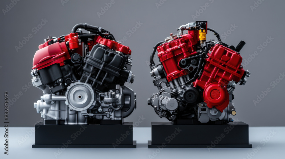 Two red automotive engines displayed side-by-side on stands, showcasing their mechanical design and engineering intricacies. Two red automotive engines displayed side-by-side on stands, showcasing their mechanical design and engineering intricacies.