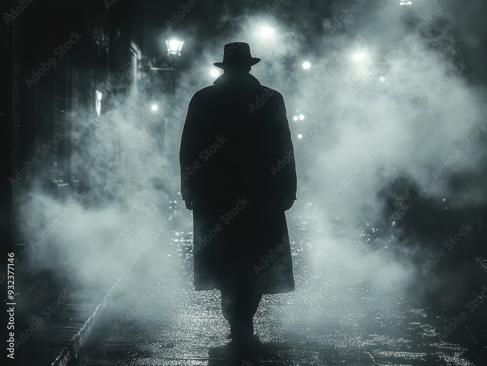 enigmatic figure emerges from shadowy alley silhouetted against hazy streetlights noirinspired scene with deep contrasts mistfilled air and eerie urban atmosphere enigmatic figure emerges from shadowy alley silhouetted against hazy streetlights noirinspired scene with deep contrasts mistfilled air and eerie urban atmosphere