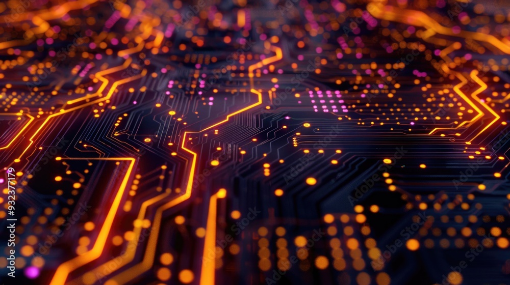 A close-up shot of a computer circuit board with various components and wires A close-up shot of a computer circuit board with various components and wires
